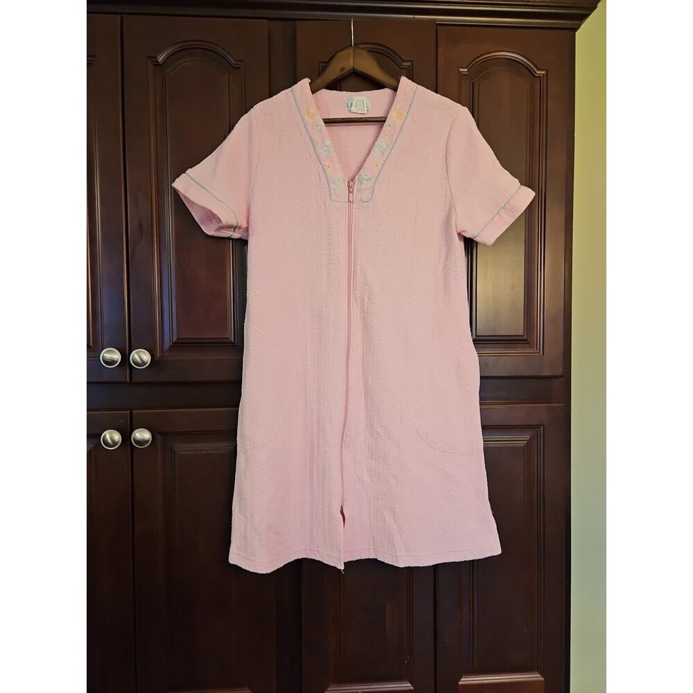 Vintage Appel Midi Robe House Coat Women's Medium Pink Pockets Fleece Retro